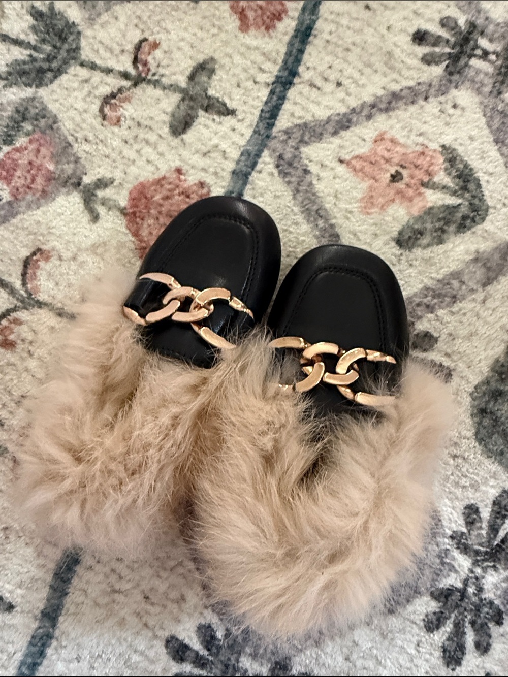 Black Faux Leather Fur-Trim Chain Loafers